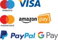 Online payment methods systems icons set, card company, logo, Visa, Mastercard, PayPal, Amazon Pay, E-commerce payments Royalty Free Stock Photo