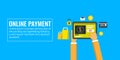 Online payment process, e-payment, application, money transfer, shopping, e-commerce concept. Flat design vector banner. Royalty Free Stock Photo