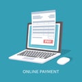 Online payment service. Document form on the laptop screen with a pay button.