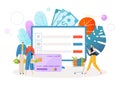 Online payment shopping, tiny people together buy stuff in internet store, website page flat vector illustration