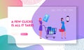 Online Payment, Shopping Website Landing Page. Female Customers Stand in Queue in Supermarket Prepare Credit Card