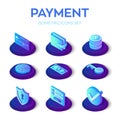 Online payments isons set. 3D isometric mobile payments icons. Personal data protection. Credit card, wallet, money, check and