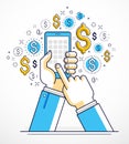 Online payments and shopping concept, man hands holding phones and using apps Internet communication and activity, , global Royalty Free Stock Photo