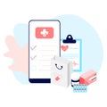 Online pharmacy app concept of healthcare, drugstore and e-commerce. Vector of prescription drugs, first aid kit and medical suppl