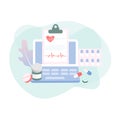 Online pharmacy concept of healthcare, drugstore and e-commerce. Flat Vector illustration of prescription drugs, first aid kit and