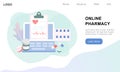 Online pharmacy concept of healthcare, drugstore and e-commerce. Flat Vector illustration of prescription drugs, first aid kit and Royalty Free Stock Photo