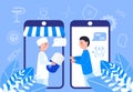 Online pharmacy concept vector. Pharmacist gives pill. Customer buys medication in smartphone screen. Online doctor consultation,