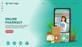 Online pharmacy flat illustration. Medicine ordering mobile app. Medical supplies, bottles liquids and pills. Drug store web page Royalty Free Stock Photo