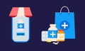 Online pharmacy flat illustration. Medicine ordering mobile app. Medical supplies, bottles liquids and pills. Drug store web page Royalty Free Stock Photo