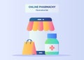 Online pharmacy illustration set e-commerce store in mobile apps smartphone background of paper bag bottle drug with Royalty Free Stock Photo