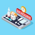 Online pharmacy isometric concept, 24 hours pharmacy app vector illustration