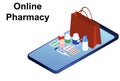 Online drug pharmacy isometric web page concept