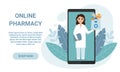 Online pharmacy landing page. Female pharmacist through the phone screen holds bag with medicines inside. Home delivery Royalty Free Stock Photo