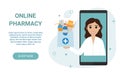 Online pharmacy landing page. Female pharmacist through the phone screen holds bag with medicines inside. Home delivery Royalty Free Stock Photo