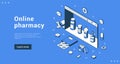 Online pharmacy remedy browsing purchase user interface landing page vector isometric illustration