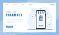 Online pharmacy service. Landing page template. Purchase of medicines on mobile phone screen. Home delivery of drugs and