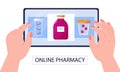 Online pharmacy store concept vector. Pharmacist holding medications. Pharma sopping bag with medical pills, drops