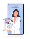 Online pharmacy store concept vector. Pharmacist holding medications. Pharma sopping bag with medical pills, drops