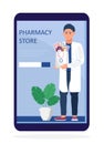 Online pharmacy store concept vector. Pharmacist holding medications. Pharma sopping bag with medical pills, drops