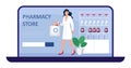 Online pharmacy store concept vector. Pharmacist holding medications. Pharma sopping bag with medical pills, drops