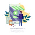 Online pharmacy store, flat illustration. Man and drugstore on smartphone screen. Medicine mobile app concept. Royalty Free Stock Photo