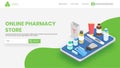 Online Pharmacy store website or landing page design with medicine shopping app in smartphone.