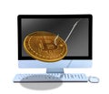 Online phishing Bitcoin on fish hook coming out of computer to lure you into purchasing mining and hacking