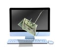 Online phishing money on fish hook coming out of computer