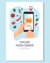 Online pizza order. Food service. Fast and free delivery concept illustration for web design, banner, mobile app. Vector cartoon Royalty Free Stock Photo