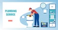 Online plumbing service concept. Vector of a plumber fixing a toilet