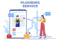 Online Plumbing Service with Plumber Workers Repair, Maintenance Fix Home and Cleaning Bathroom Equipment in Flat Background