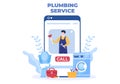 Online Plumbing Service with Plumber Workers Repair, Maintenance Fix Home and Cleaning Bathroom Equipment in Flat Background