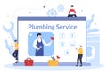 Online Plumbing Service with Plumber Workers Repair, Maintenance Fix Home and Cleaning Bathroom Equipment in Flat Background