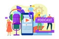 Online podcast with radio microphone, audio technology at smartphone vector illustration. People voice communication at