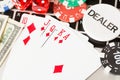 Online poker casino theme. Gambling chips with dice,playing cards, american dollars and dealer chip on laptop Royalty Free Stock Photo