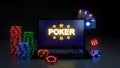 Online Poker Gambling Concept With Glowing Neon Lights, Poker Cards and Poker Chips Isolated On The Black Background - 3D Illustra
