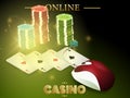 Different colored Casino chips, cards, dice nearby PC mouse on green colored background. Royalty Free Stock Photo