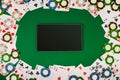 Online poker game with digital tablet, chips and cards Royalty Free Stock Photo