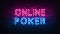Online poker neon signboard in retro style on light background. Gambling fortune chance. Fortune sign. Bright signboard, light Royalty Free Stock Photo