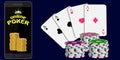 Online poker poster on a dark blue background.