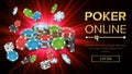 Online Poker Vector. Gambling Casino Banner Sign. Explosion Chips, Playing Dice. Jackpot Casino Billboard, Signage