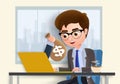 Online profit vector character concept. Business man character sending money online using laptop with hand. Royalty Free Stock Photo