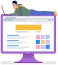 Online programming, internet surfing on website. Man lying on monitor with laptop works with program