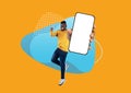 Online Promo. Joyful Black Man Jumping With Big Blank Smartphone In Hand