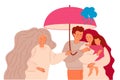 Online psychology help for family. Family doctor of psychiatry taking umbrella and protect from rain.