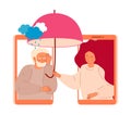 Online psychology help for senior people. Doctor of psychiatry taking umbrella and protect from rain. Depression