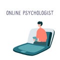 Online psychotherapy practice. Remote psychological help, psychiatrist consulting patient. Mental health care and treatment. Hand