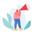 Online Public Relations and Affairs Concept. Man Shouting to Megaphone or Loudspeaker. Alert Advertising Campaign