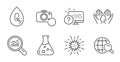 Online quiz, No alcohol and Coronavirus icons set. Recovery photo, Safe water and Chemistry lab signs. Vector