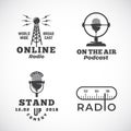 Online Radio and Microphone Abstract Vector Emblems Set. Broadcast Tower, Podcast or Stand Up Comedy Microphone Signs or